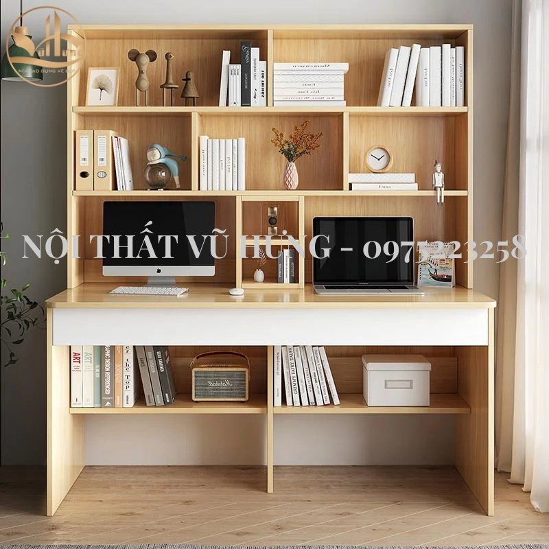 Bàn làm việc gỗ được thiết kế liền khung giá sách
