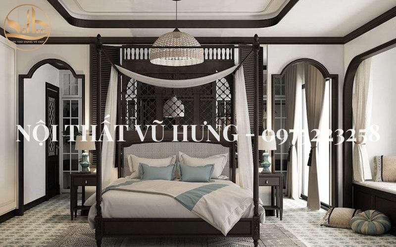 Thiết kế phòng ngủ 15m2 cho vợ chồng cực sang trọng với phong cách Đông Dương