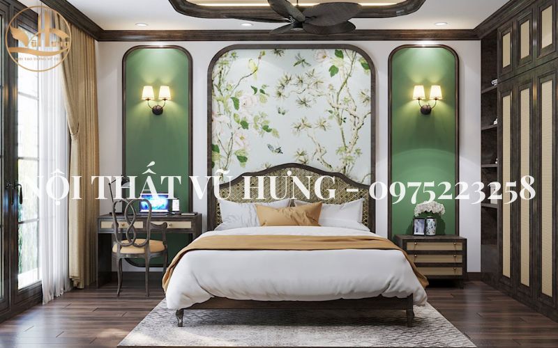Thiết kế phòng ngủ 15m2 cho vợ chồng cực sang trọng với phong cách Đông Dương